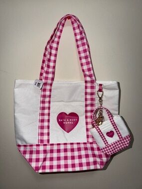 Bath & Body Works PINK GINGHAM Tote Bag with Mini Charm Tote